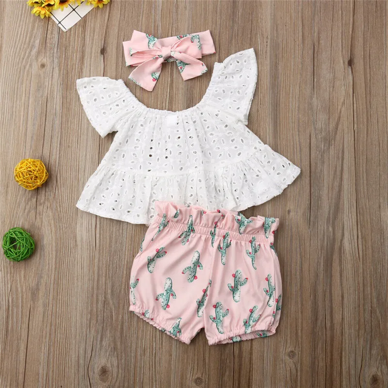 Summer Toddler Baby Girls Clothes off shoulder pullover Lace short sleeve Tops Cactus print Shorts bow Headband 2pc kids Outfits
Summer Toddler Baby Girls Clothes off shoulder pullover Lace short sleeve Tops Cactus print Shorts bow Headband 2pc kids Outfits