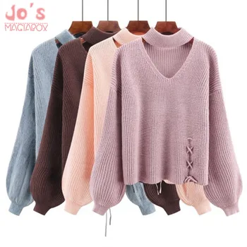 Women Sweaters And Pullovers Choker Collar Lace Up Bow Sueter Mujer Tops Winter Jumper Hollow Pink White Lantern Sleeve
Women Sweaters And Pullovers Choker Collar Lace Up Bow Sueter Mujer Tops Winter Jumper Hollow Pink White Lantern Sleeve