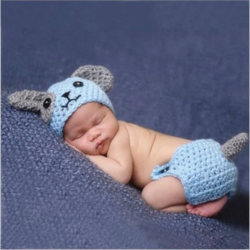 Новорожденный синий костюм собаки вязанная новая одежда для младенцев хлопок