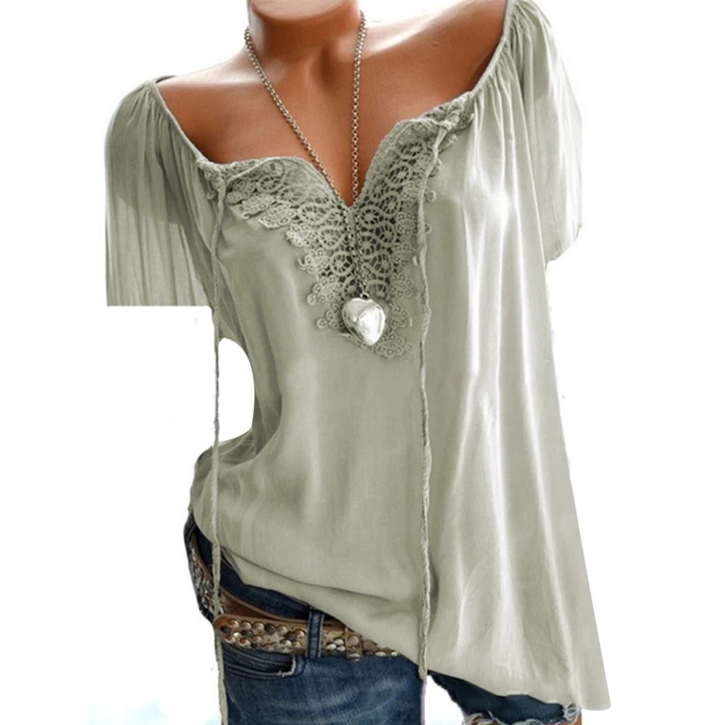 Womens Cotton Linen T-Shirts Solid Color V-Neck Short Sleeve Casual Breathable Cool Tunic Blouse Tops Plus Size