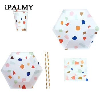 

ipalmay Colorful Irregular Geometric Pattern Hexagon Plates Cups Napkins Paper Straws Disposable Paper Tableware Set for Party