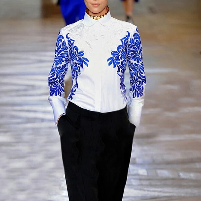 HIGH QUALITY Fashion 2017 Designer Runway Shirt Women's Long Sleeve BARROCO Blue White Embroidery Blouse Plus size S-XXXL |