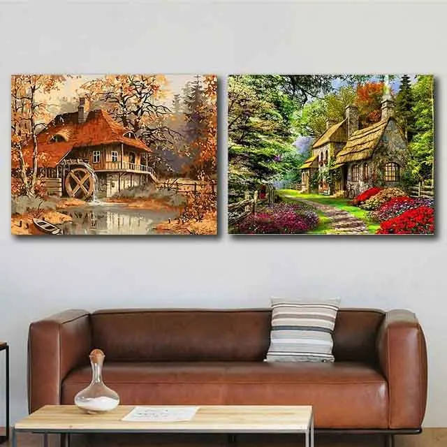 DIY colorings pictures by numbers with colors Autumn spring scenery picture drawing painting framed decor Two pieces | Дом и сад