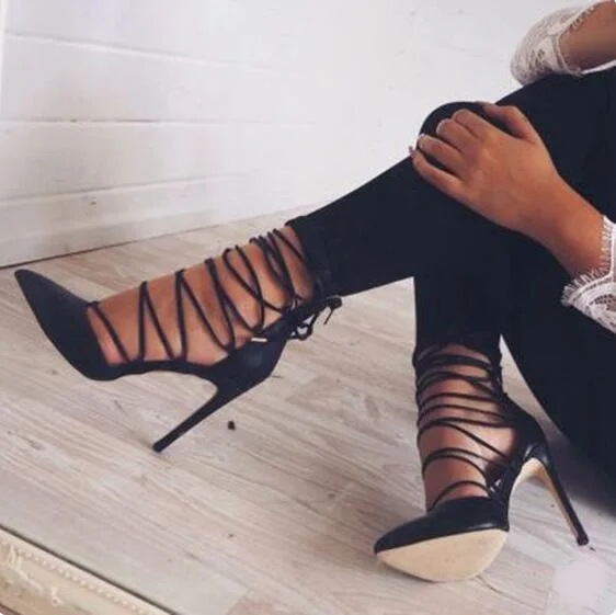 

Rome Strappy Sandals Peep Toe Cut-out Black Leather High Heel Dress Shoes Women Gladiator Heels Cross Strap Summer Sandals