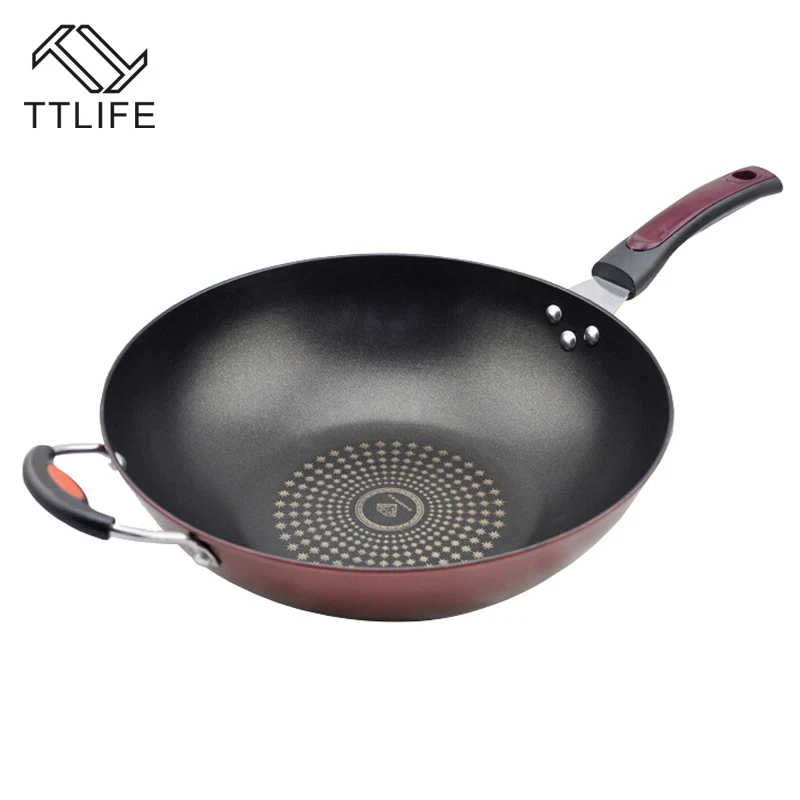 Image TTLIFE 32CM 34CM Smokeless Wok Sets Non Stick Cookware Smoke Kitchen Supplies Cooking Pots Pans With Toughened Glass Cover