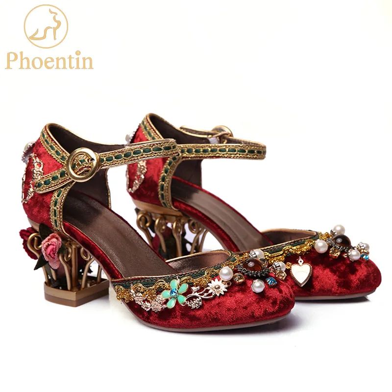 

Phoentin velvet ankle strap Chinese wedding shoes women crystal buckle pearl rhinestone flower decoration mary jane shoe FT267