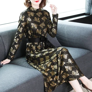 Spring Fall Fashion Women Stand Collar Long Sleeve Golden Flower Long Dress , Female Womens Sash Korean Elegant Ruffles Dresses
Spring Fall Fashion Women Stand Collar Long Sleeve Golden Flower Long Dress , Female Womens Sash Korean Elegant Ruffles Dresses