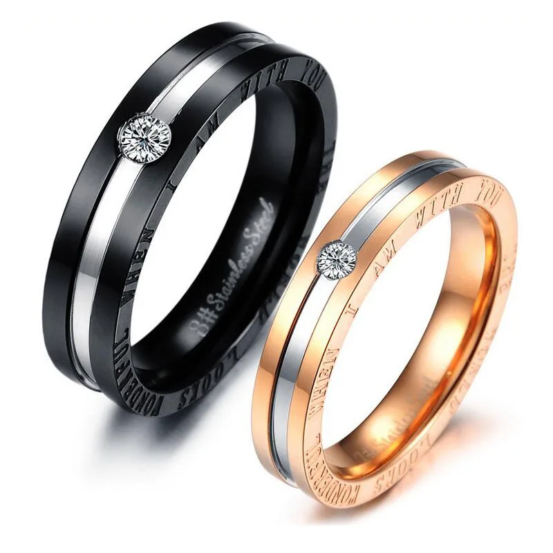 Gold And Black Stainless Steel Crystal Couple Ring And Write Romantic Words The World Looks Wonderful When I Am With You Ring Spine Steel Anchorring Friends Aliexpress