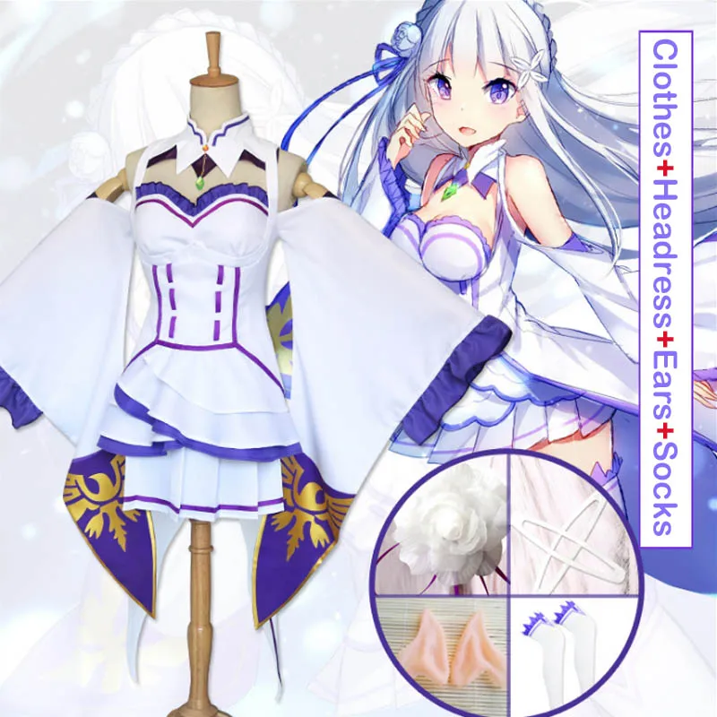 Coshome Re Zero Kara Hajimeru Isekai Seikatsu Emilia Wigs Cosplay Costumes Women Short Dress With Headdress For Halloween Party (5)