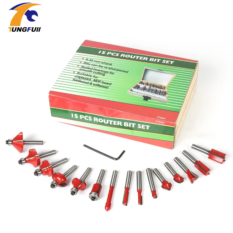 15PCS 1/4"(6.35mm) Shank Tungsten Carbide Router Bit Set Wood Woodworking Cutter Trimming Knife Forming Milling w/ Wood Case box
15PCS 1/4"(6.35mm) Shank Tungsten Carbide Router Bit Set Wood Woodworking Cutter Trimming Knife Forming Milling w/ Wood Case box