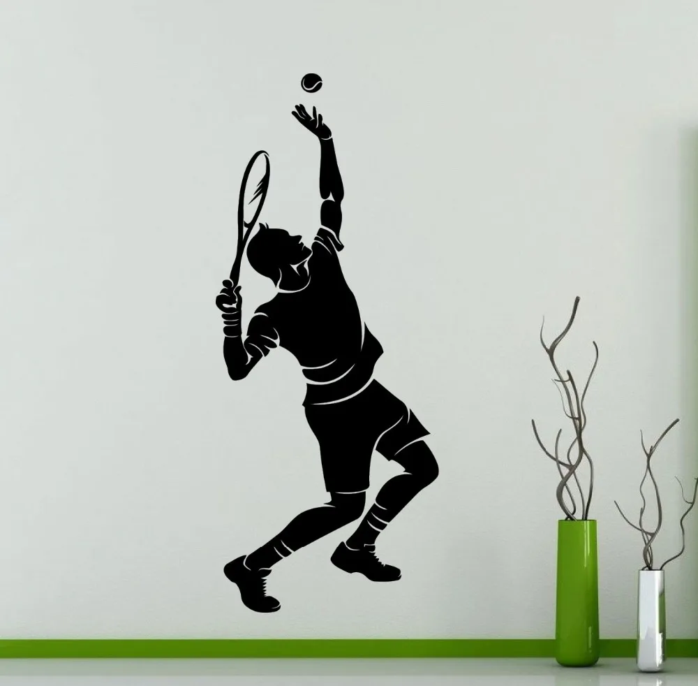 

Tennis Player Silhouette Wall Sticker Sport Series Man Playing Tennis Pattern Vinyl Wall Mural Decals Home Livingroom Decor M-42