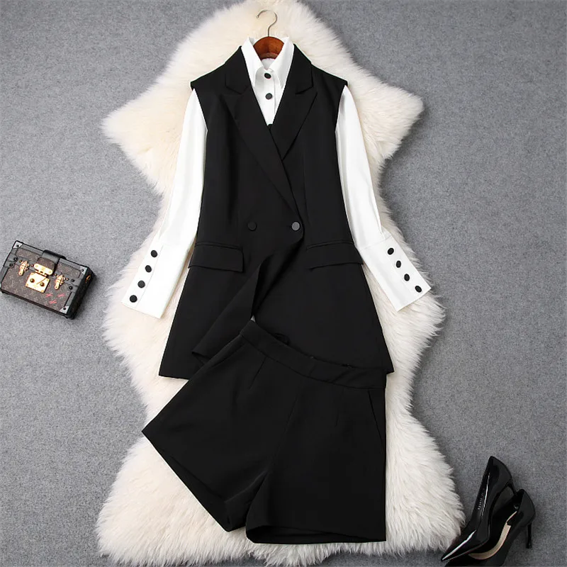 Top Brand Fashion OL 3Piece Sets Women 2019 Spring Summer Designers Long Sleeve White Shirt+Vest+Shorts Suit Set Lady Work Wear
Top Brand Fashion OL 3Piece Sets Women 2019 Spring Summer Designers Long Sleeve White Shirt+Vest+Shorts Suit Set Lady Work Wear