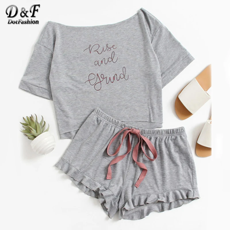 Dotfashion High Low Top And Frill Hem Shorts Pajama Set Women Letter Set Two Piece 2019 Grey Boat Neck Long Sleeve Pajama Set
Dotfashion High Low Top And Frill Hem Shorts Pajama Set Women Letter Set Two Piece 2019 Grey Boat Neck Long Sleeve Pajama Set
