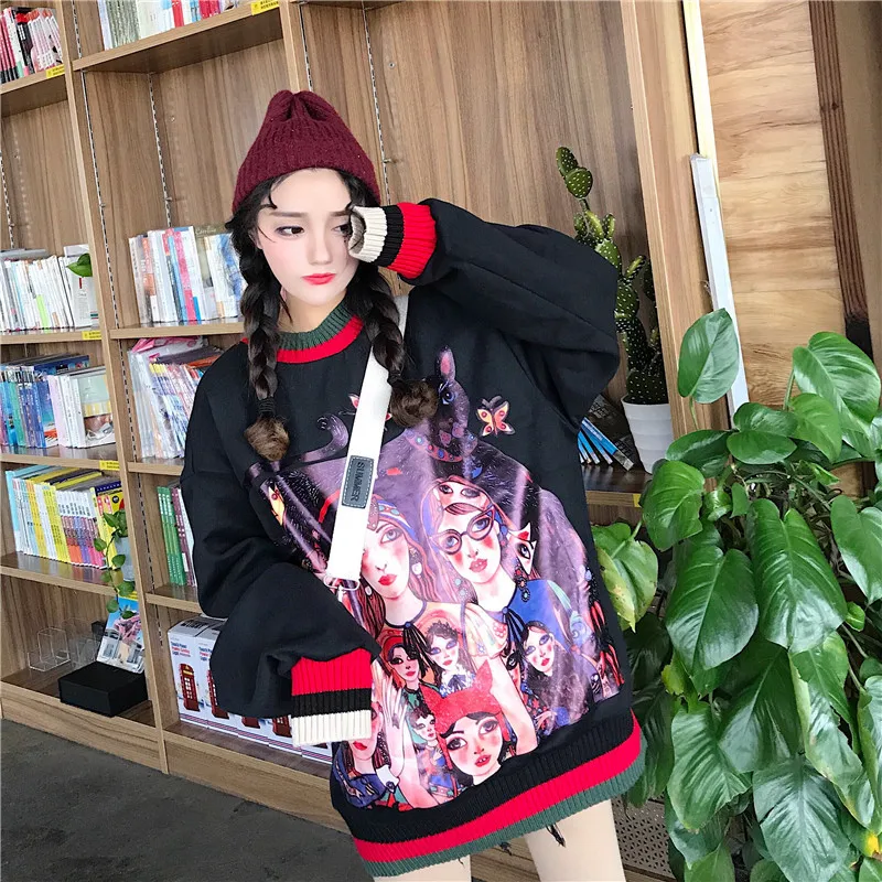 2018Korean version of black cartoon portrait yin printed sweater Harajuku loose long section plus cotton quality fashion sweater
2018Korean version of black cartoon portrait yin printed sweater Harajuku loose long section plus cotton quality fashion sweater