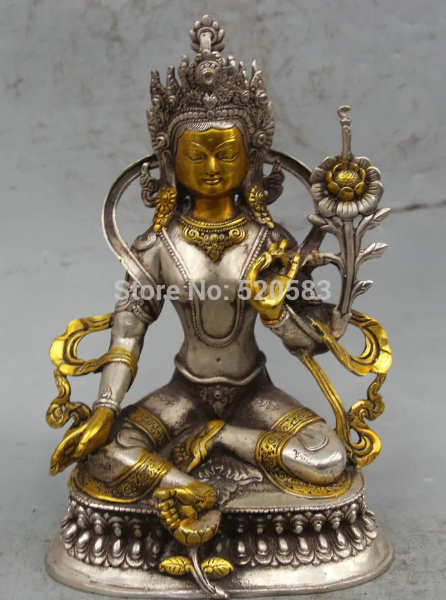 

9" Tibet Buddhism Silver Gilt Green Tara Mahayana enlightenment Goddess Statue