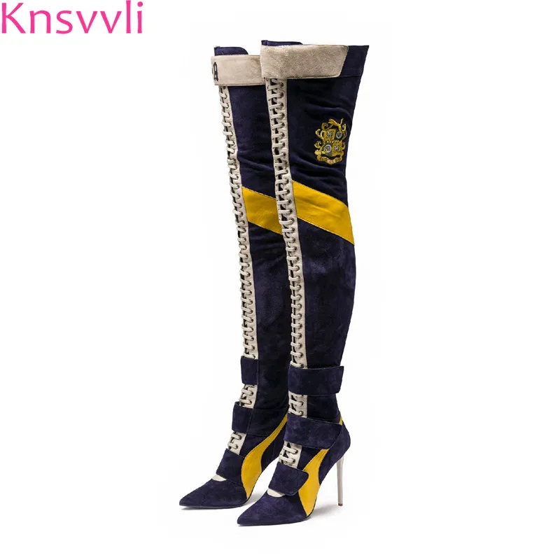 Knsvvli New Style Blue Patchwork Thigh high boots Women pointy toe High heels Zip botas feminine Sexy Over the knee knight boots
Knsvvli New Style Blue Patchwork Thigh high boots Women pointy toe High heels Zip botas feminine Sexy Over the knee knight boots