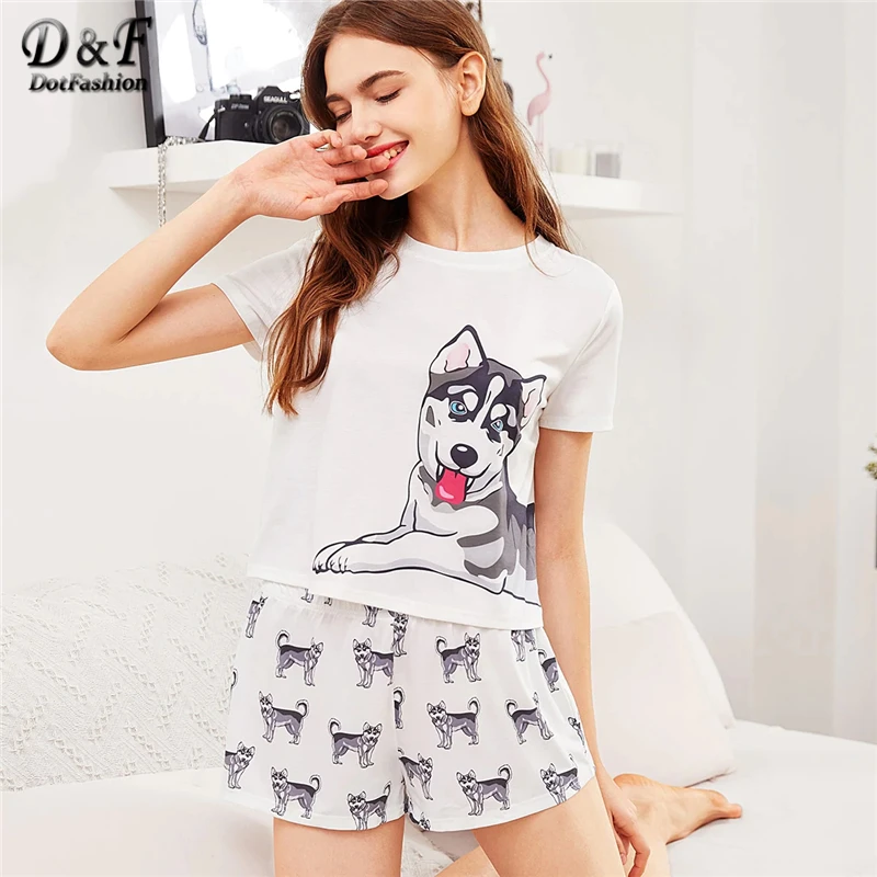 Dotfashion Cartoon Dog Print Tee With Shorts Pajama Set 2019 Summer Pajamas For Women Casual Short Sleeve Ladies Sleepwear Set
Dotfashion Cartoon Dog Print Tee With Shorts Pajama Set 2019 Summer Pajamas For Women Casual Short Sleeve Ladies Sleepwear Set