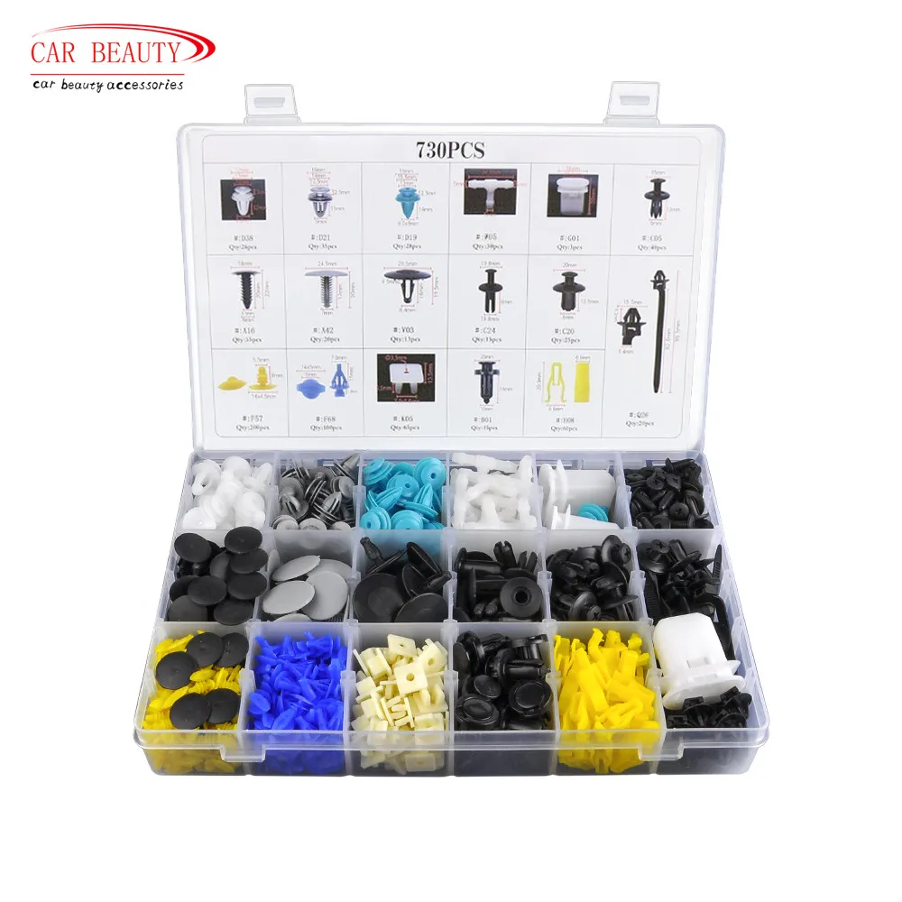 730Pcs/Set 17 kinds Mixed Size Auto Trim Fastener Clips Push Retainer Kit Auto Fastener Car Universal Bumper Fixed Clamp Box
730Pcs/Set 17 kinds Mixed Size Auto Trim Fastener Clips Push Retainer Kit Auto Fastener Car Universal Bumper Fixed Clamp Box