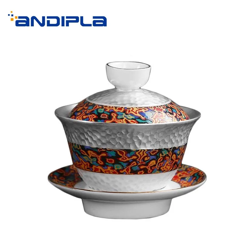 Яркая эмалированная Серебристая чаша для чая Gaiwan в дворцовом стиле 160 мл с