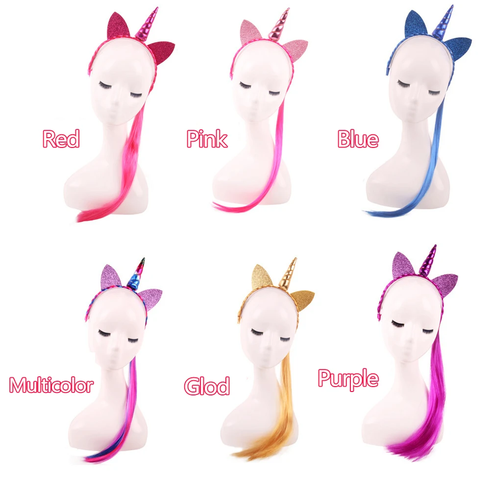 Nishine Rainbow Color Ponytail Unicorn Headbands Glitter Ears Kids Girls Princess Braid Wig Hairbands Hair Accessories 16