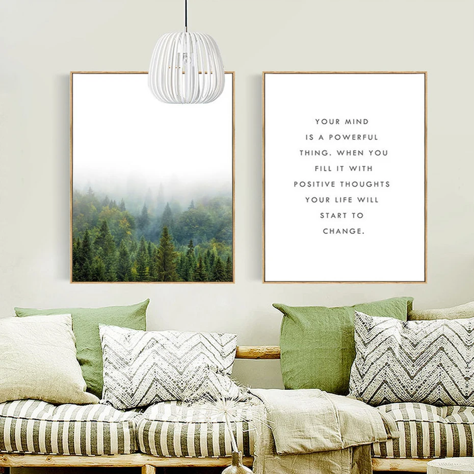Пейзаж из соснового леса Вдохновляющие картины на холсте с цитатами