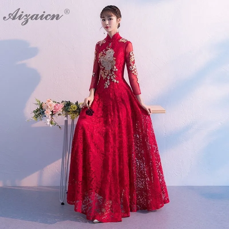 Фото Женское кружевное длинное платье-Ципао красное приталенное вечернее платье