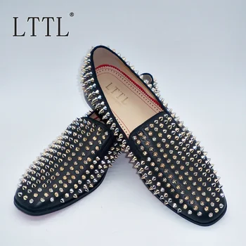 Mens Gold Spikes Shoes Luxury Fashion Black Genuine Leather Men Loafers With Rivets US 6-13 Red Bottom Men's Wedding Shoes
Mens Gold Spikes Shoes Luxury Fashion Black Genuine Leather Men Loafers With Rivets US 6-13 Red Bottom Men's Wedding Shoes