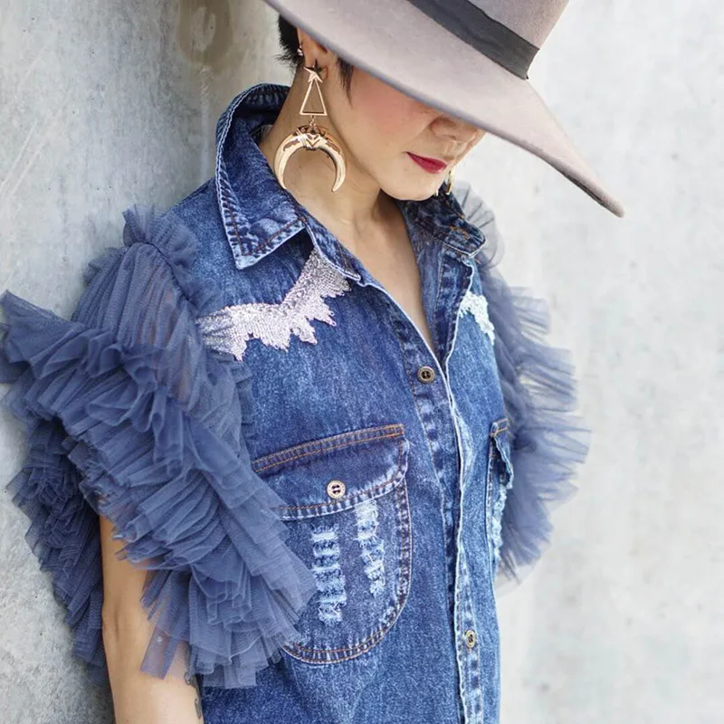 2019 Summer Fashion Streetwear Ruffles Mesh Sleeve Patchwork Denim Blouse Women Bluasa Stylish Jean Shirt Tops
2019 Summer Fashion Streetwear Ruffles Mesh Sleeve Patchwork Denim Blouse Women Bluasa Stylish Jean Shirt Tops