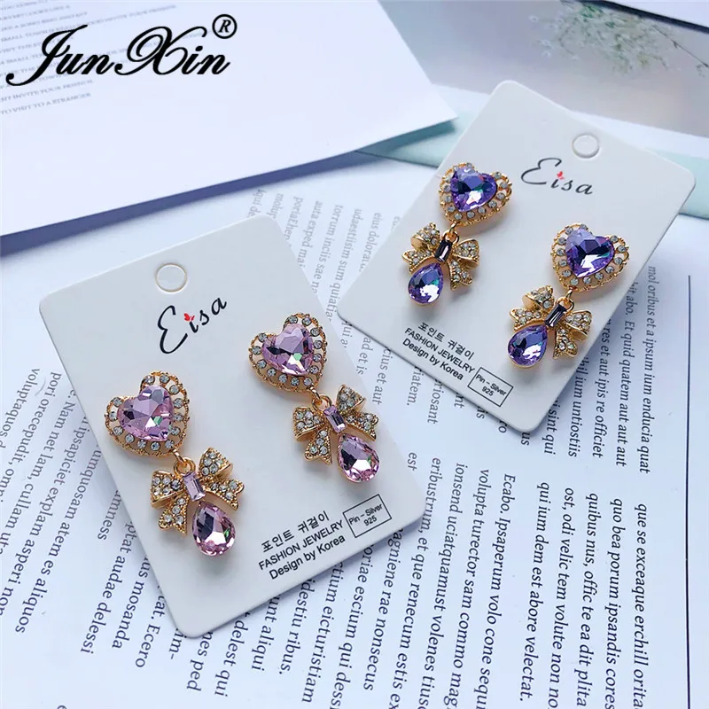 JUNXIN Cute Pink Purple Crystal Heart Drop Earrings For Women Yellow Gold Girl Butterfly Bowknot Earrings Female Wedding Jewelry
JUNXIN Cute Pink Purple Crystal Heart Drop Earrings For Women Yellow Gold Girl Butterfly Bowknot Earrings Female Wedding Jewelry