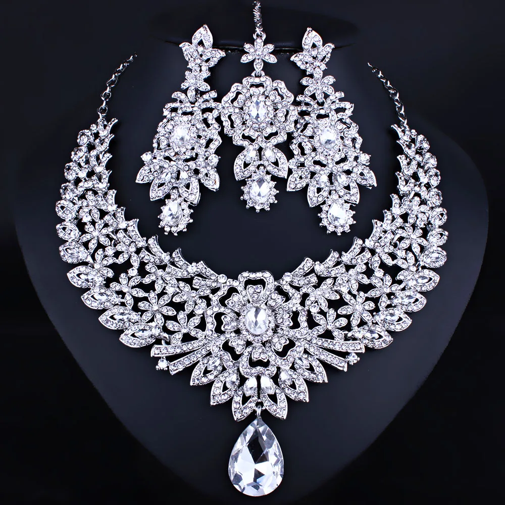 Womens Bridal Crystal Diamante Necklace Earrings Wedding Prom Evening Jewellery Set UK