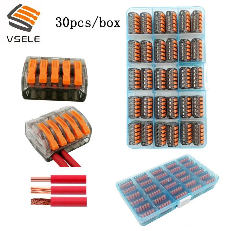 30pcs/box VSE-415C wire connectors for fine-stranded and solid wires 5p plug type spring clamping mini 222-415 terminal block
30pcs/box VSE-415C wire connectors for fine-stranded and solid wires 5p plug type spring clamping mini 222-415 terminal block