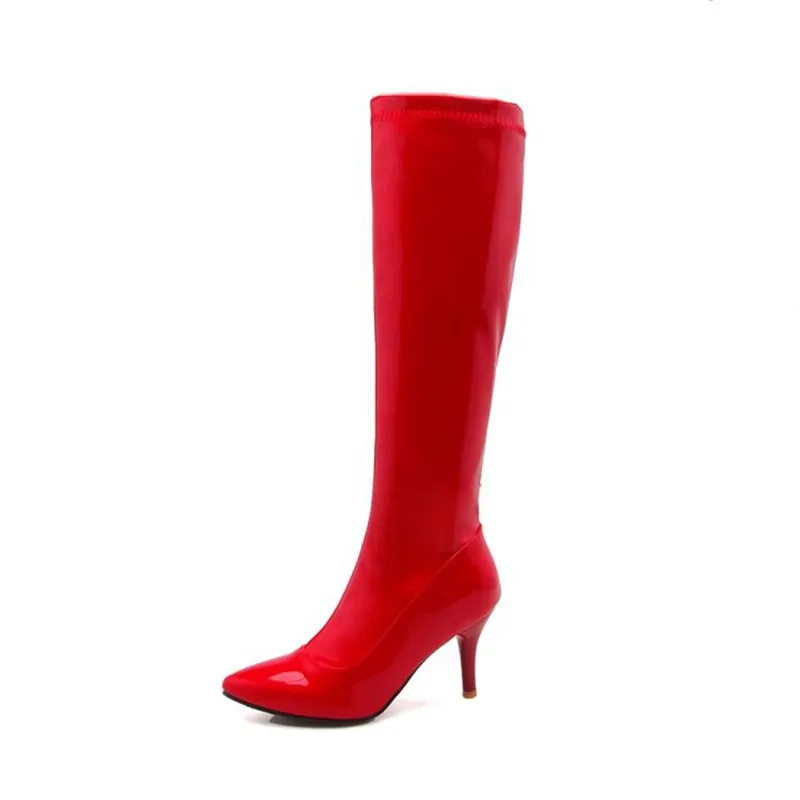 Fashion Japanned Leather Side Zip Platform High Heels Knee High Boots Sexy Steel Pipe Dance Boots Big Size 32-46 Long Boots Shoe (17)