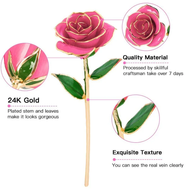 US Long Stem Dipped 24k Gold Foil Trim Decorative Rose Valentine Christmas Gift