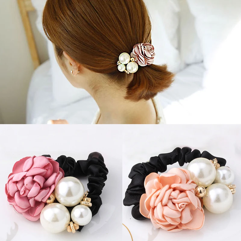 

Women Ribbon Big Rose Flower Pearls Hair Accessories Fabric Floral Headband Elastic Hair Band Rim Girls Ponytail Holder Scrunchy