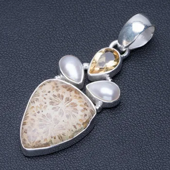 Natural Fossil Coral,River Pearl and Citrine Punk 925 Sterling Silver Pendant 2" Q0686