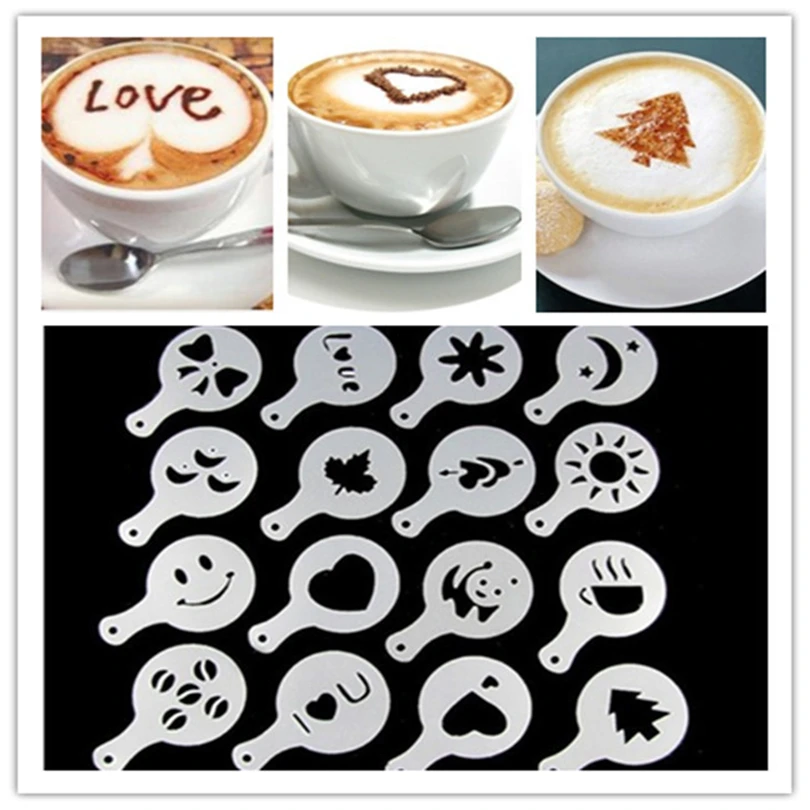 

16Pcs/Pack Coffee Mold Different Design Milk Cake Cupcake Decoration Barista Stencils Template Strew Pad Duster Spray Tools