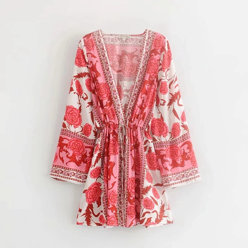 Flower Printing Deep V Neck Waist Drawstring Women Mini Dress Leisure Female Long Sleeve Dresses Autumn Loose Streetwear D3210
Flower Printing Deep V Neck Waist Drawstring Women Mini Dress Leisure Female Long Sleeve Dresses Autumn Loose Streetwear D3210