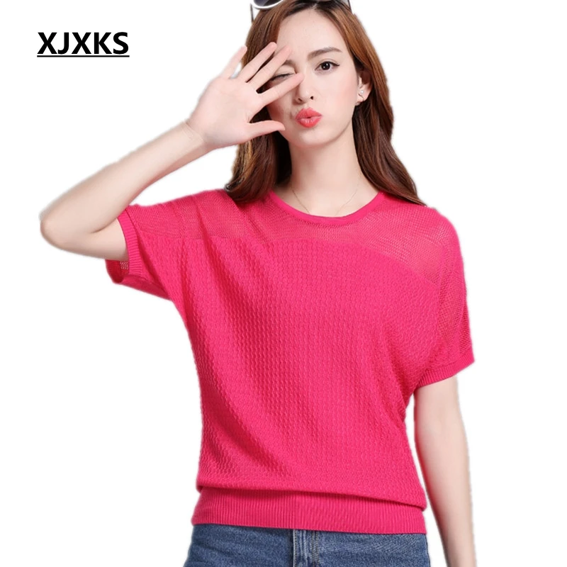 XJXKS High quality women base knitted Short sleeve T shirt Basic round neck camisetas femininas fashion Tops Large size
XJXKS High quality women base knitted Short sleeve T shirt Basic round neck camisetas femininas fashion Tops Large size