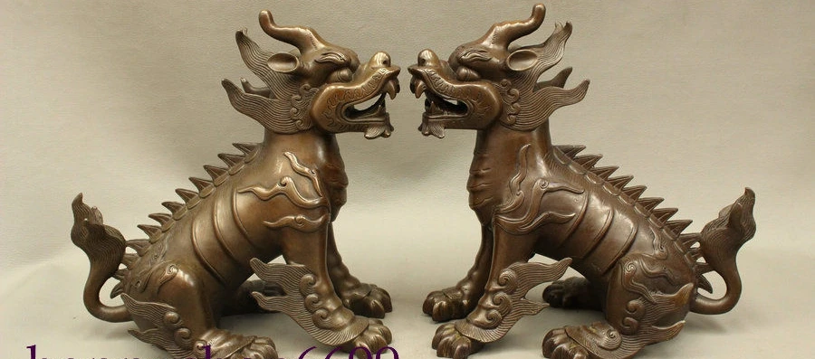 10 Folk Chinese FengShui Pure Bronze Dragon Kylin Wing Unicorn Beast Statue Pair