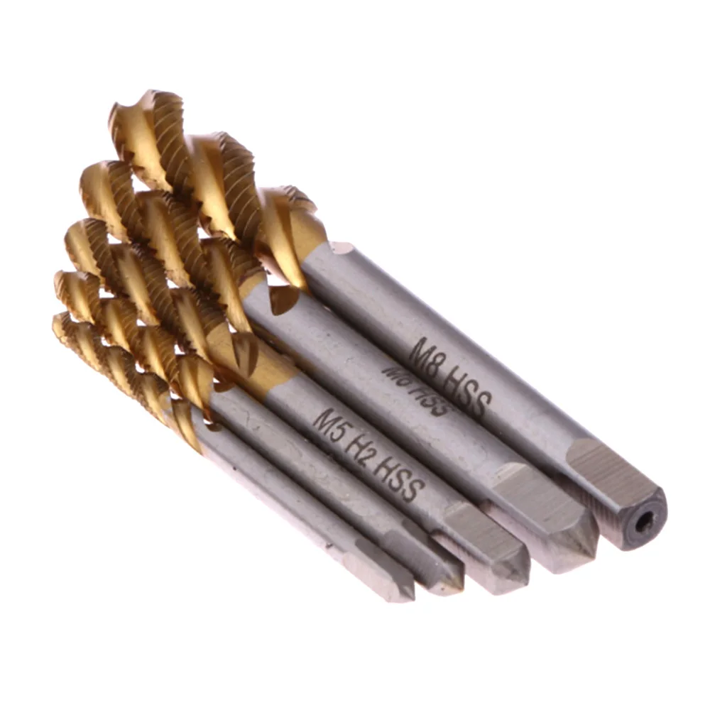 5pcs Titanium Coated Thread Tap Drill Metric HSS Spiral Fluted Machine Screw Tap M3-M8 Spiral Pointed Taps
5pcs Titanium Coated Thread Tap Drill Metric HSS Spiral Fluted Machine Screw Tap M3-M8 Spiral Pointed Taps
