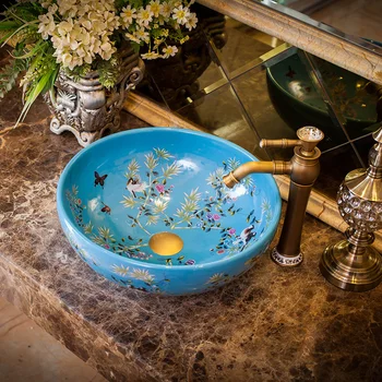 Jingdezhen blue flower and bird Ceramic Washbasin bathroom sink