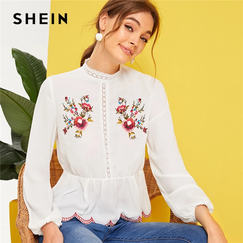 SHEIN Mock-Neck Lace Insert Embroidered Detail Top White Spring Summer Stand Collar Ruffle Hem 2019 Women Tops And Blouses
SHEIN Mock-Neck Lace Insert Embroidered Detail Top White Spring Summer Stand Collar Ruffle Hem 2019 Women Tops And Blouses