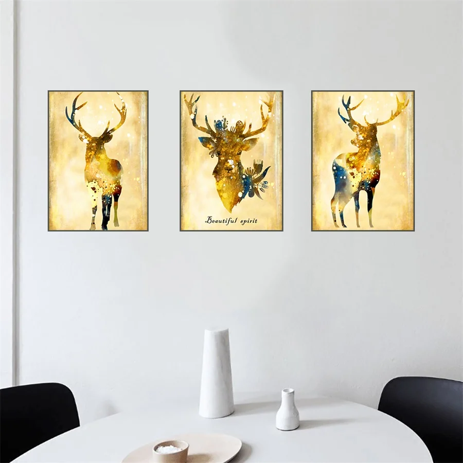 Laeacco Animal Posters and Prints Beautiful Spirit Golden Deer Canvas Painting Wall Art Living Room Decor Nordic Home Decoration | Дом и сад