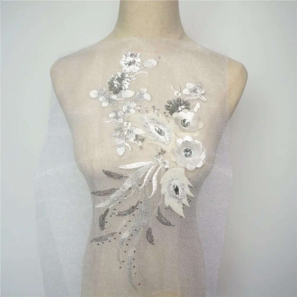 Фото 40 см белые серебряные блестки 3D цветы кисточка кружевная отделка стразы сетка