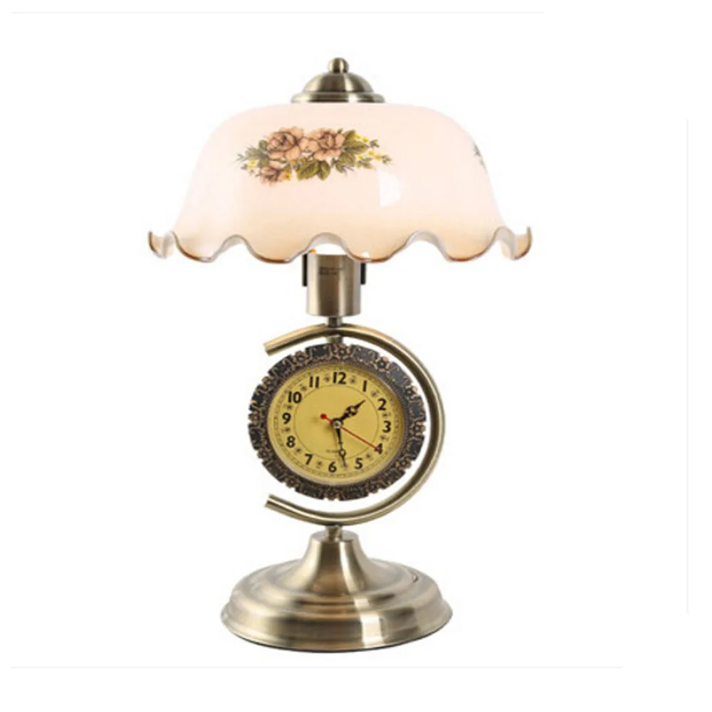 Image 110V~240V Living Room Study Bedroom Bronze Table Led Lamp Top Indoor Lighting Retro with A Clock Can Be Dimmable Bedside Lamp