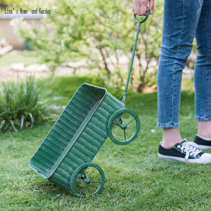 hand made antique retro green metal flower cart planters (7)