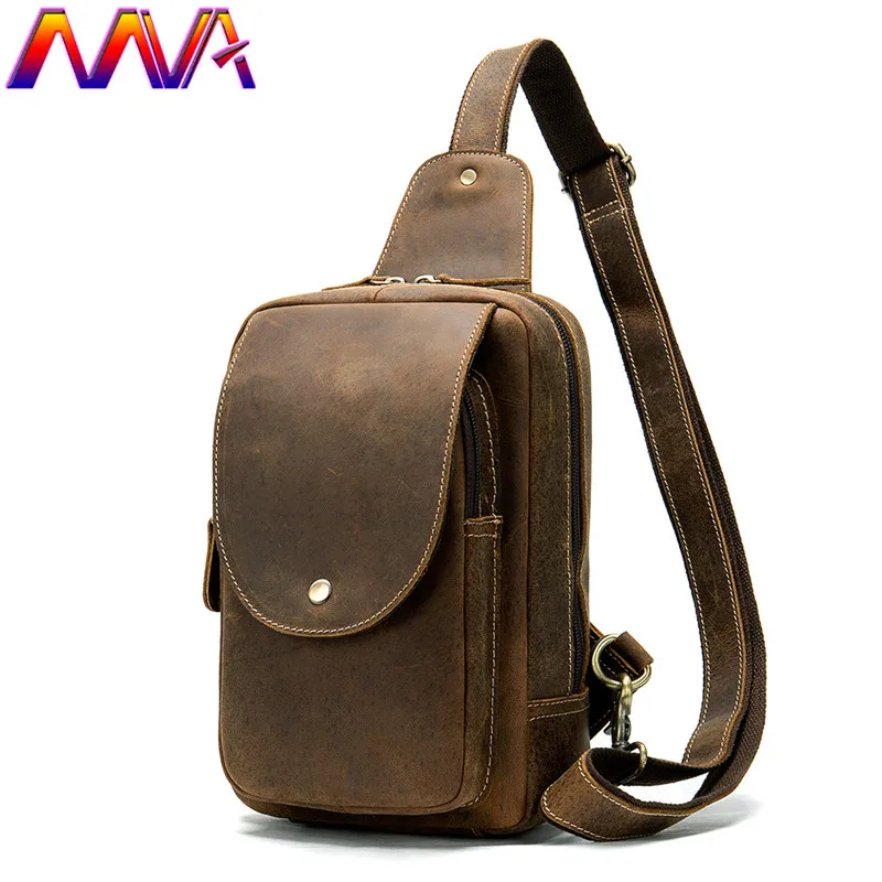 MVA Crazy Horse Men`s Chest Bag Men Waist Pack Quality Genuine Leather Men`s Messenger Bag Fashion Men`s Leather Chest Bag