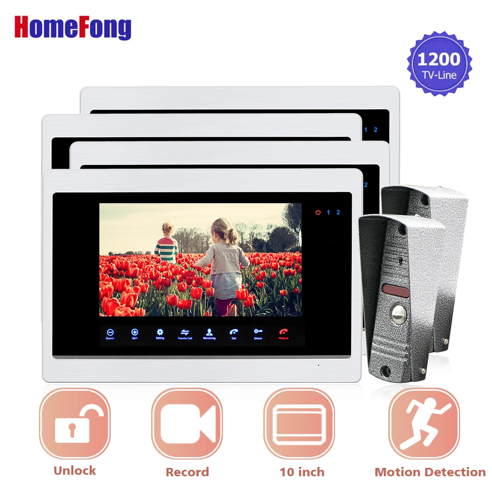 

Homefong 10 Inch Video Door Phone Bell Doorbell Camera Wired Intercom System 2/3/4 Monitors 1/2 Outdoor Panel Motion Record