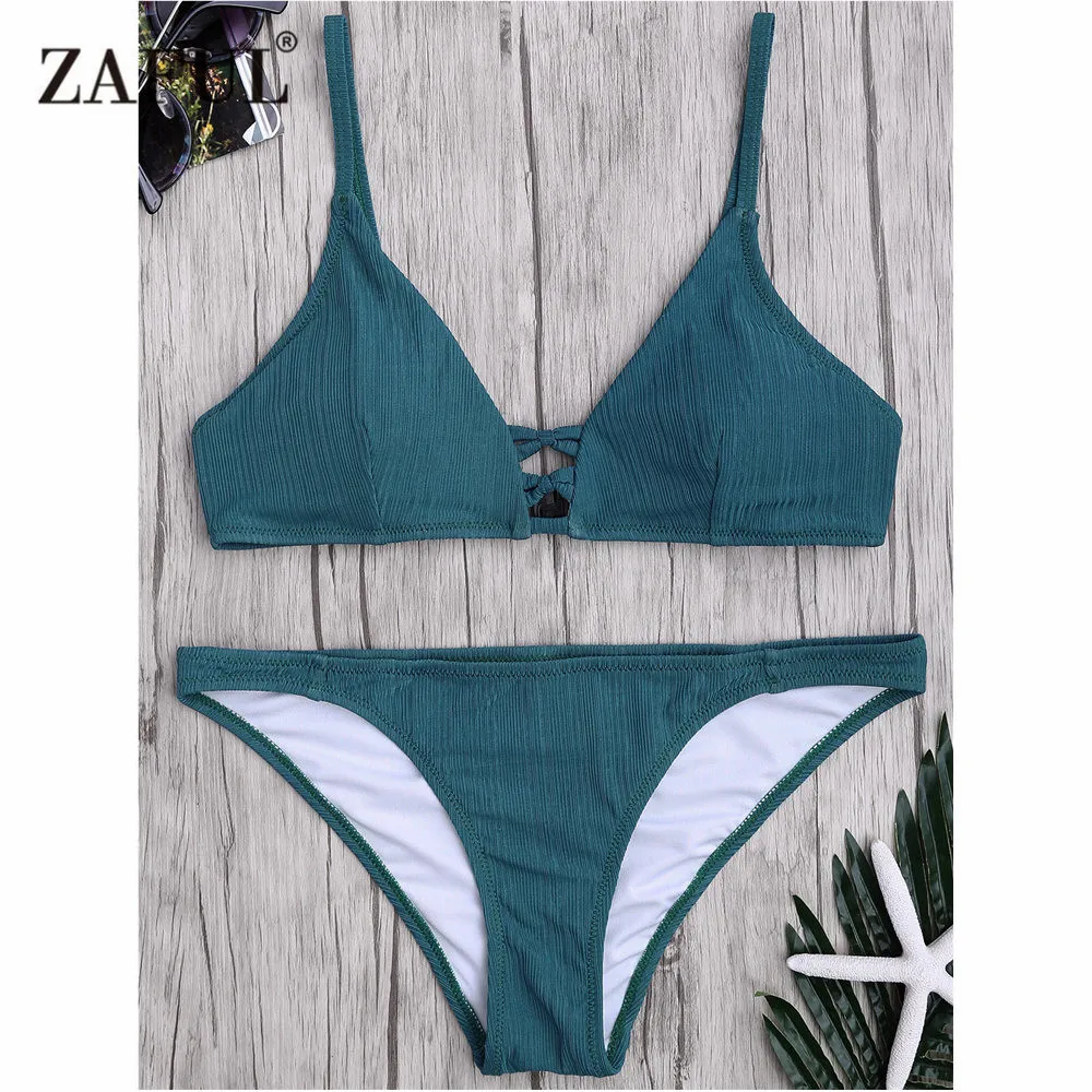 

Zaful Bikini 2018 New Criss Cross Swimsuit Women Spaghetti Strap Texture Swimsuit Mid Waisted Solid Color Bathing Suit Biquni