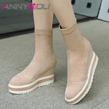 ANNYMOLI Real Leather Ankle Boots Women Kid Suede Platform Wedge High Heel Short Boots Slim Stretch Zipper Shoes Lady Fall 33-40
ANNYMOLI Real Leather Ankle Boots Women Kid Suede Platform Wedge High Heel Short Boots Slim Stretch Zipper Shoes Lady Fall 33-40